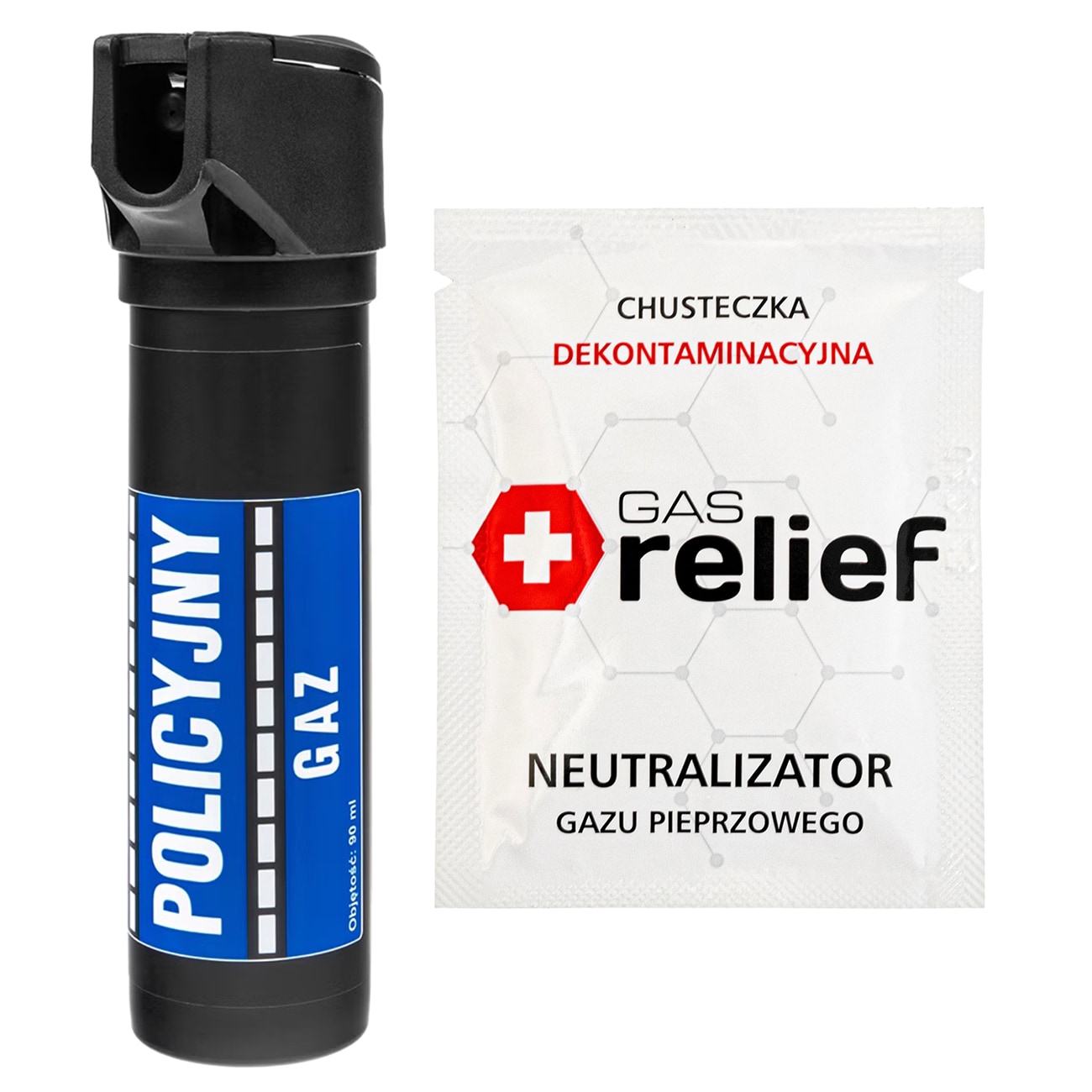 Gaz pieprzowy Policyjny 90 ml strumień + chusteczka neutralizująca Gas Relief - zestaw