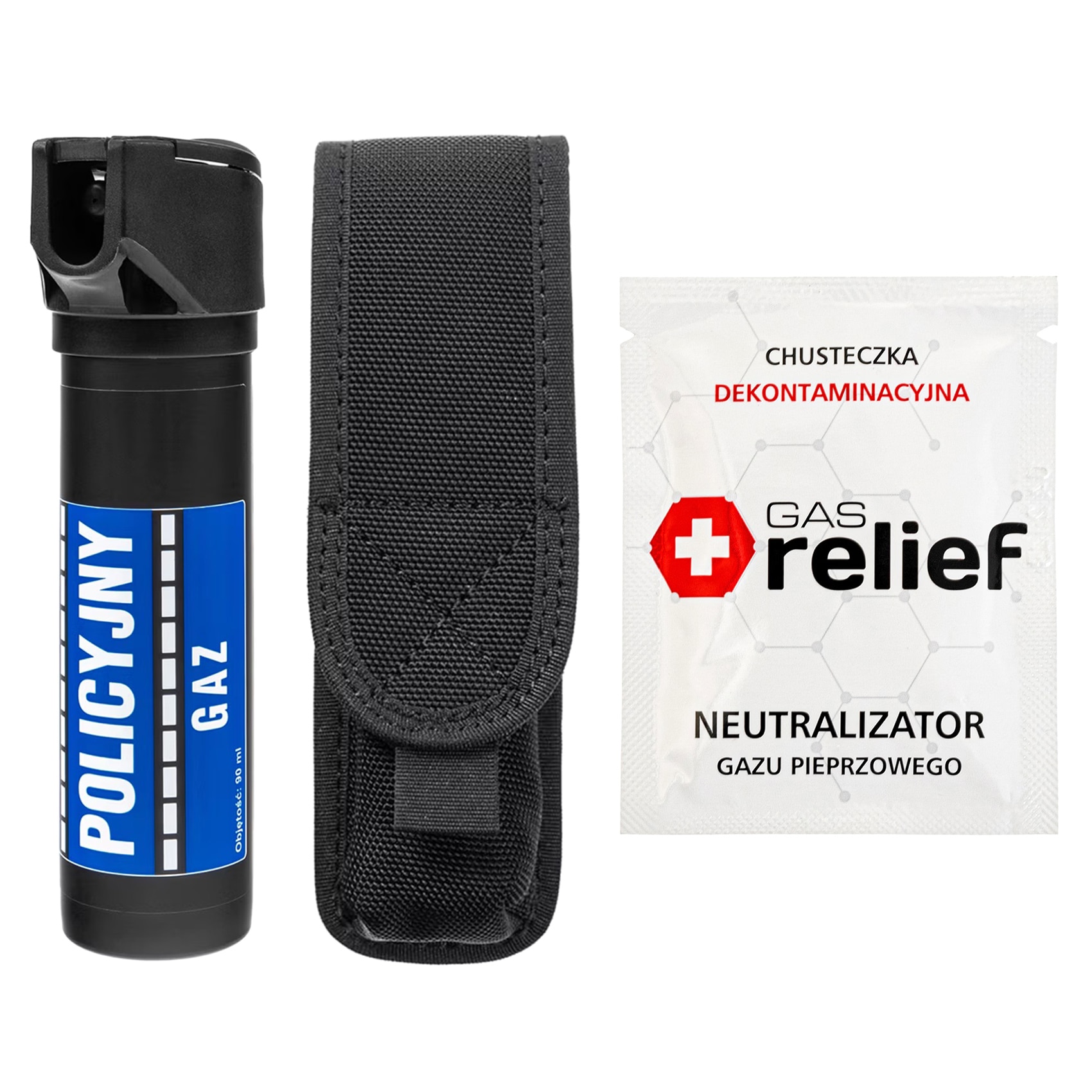 Gaz pieprzowy Policyjny 90 ml strumień + chusteczka neutralizująca Gas Relief + kabura - zestaw