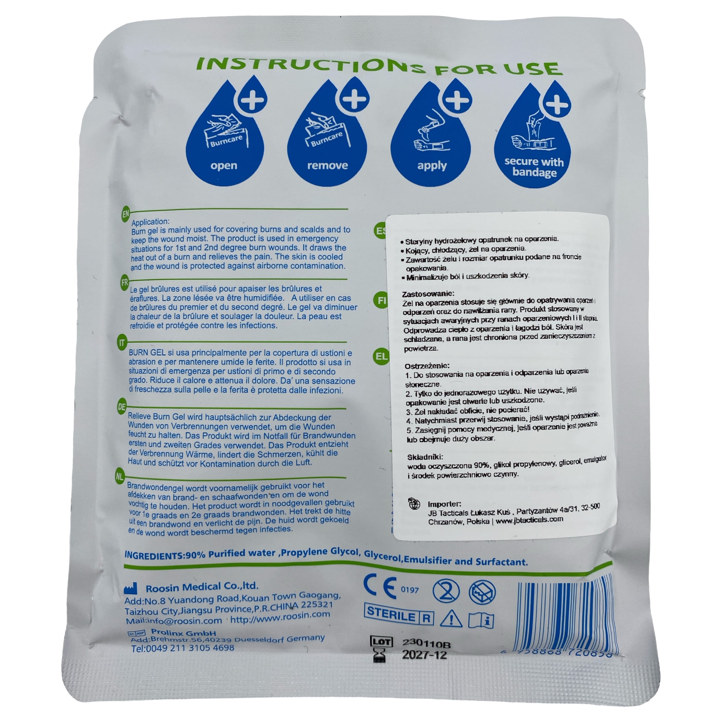 Opatrunek hydrożelowy Roosin Burncare Relieve Burn Gel 5 x 5 cm - 4 szt.