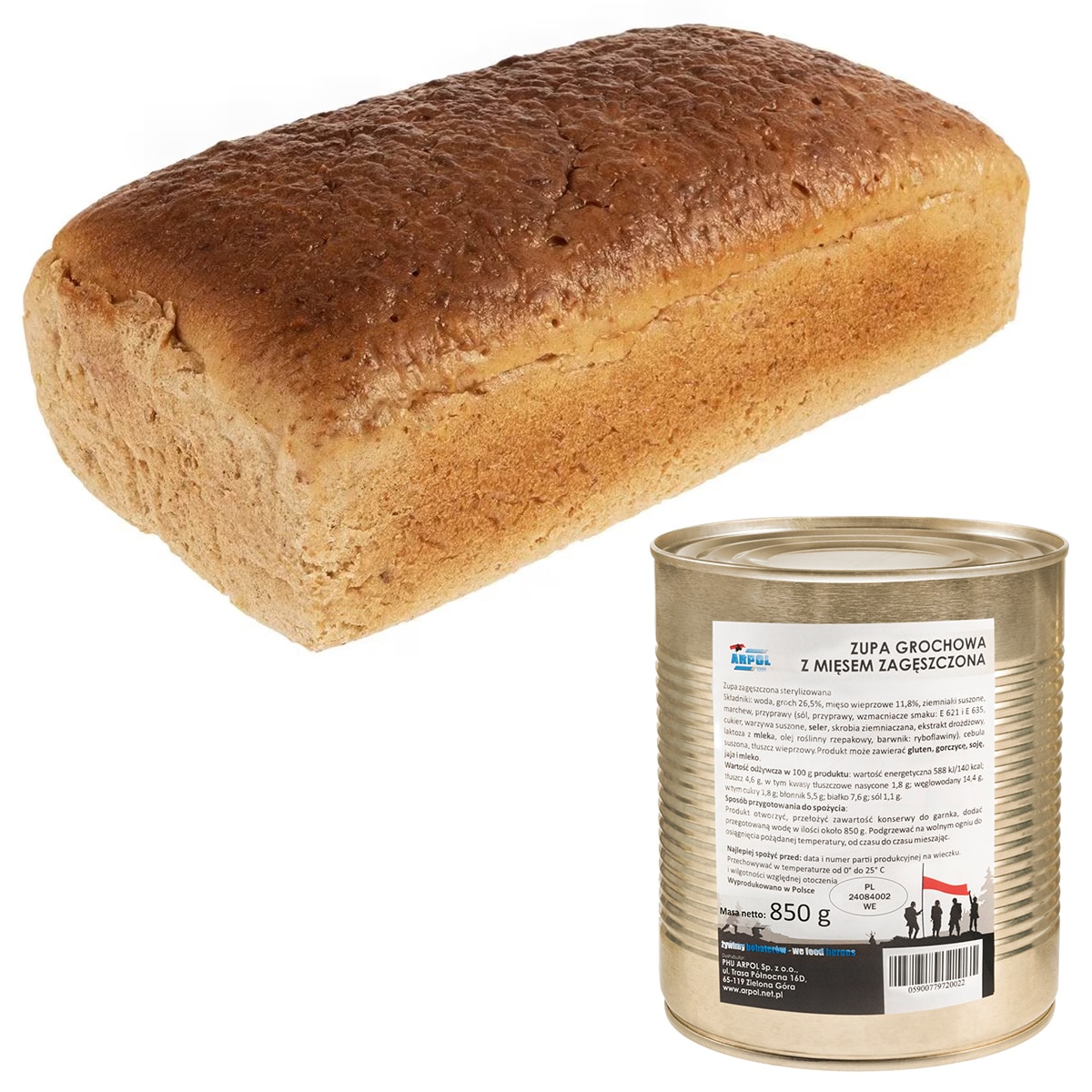 Chleb pytlowy 700 g + zupa grochowa z mięsem zagęszczona Arpol 850 g - zestaw