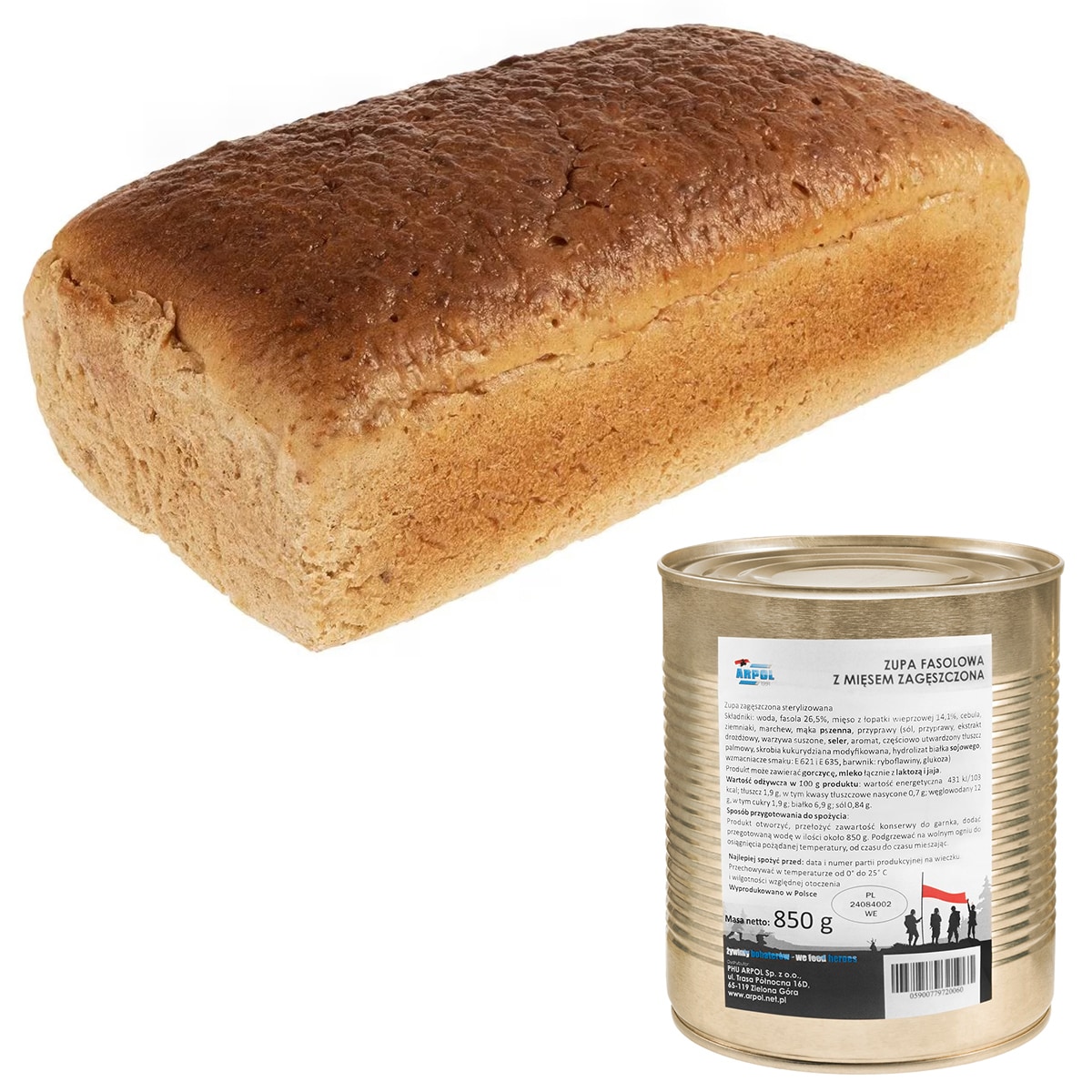 Chleb pytlowy 700 g + zupa fasolowa z mięsem zagęszczona Arpol 850 g - zestaw
