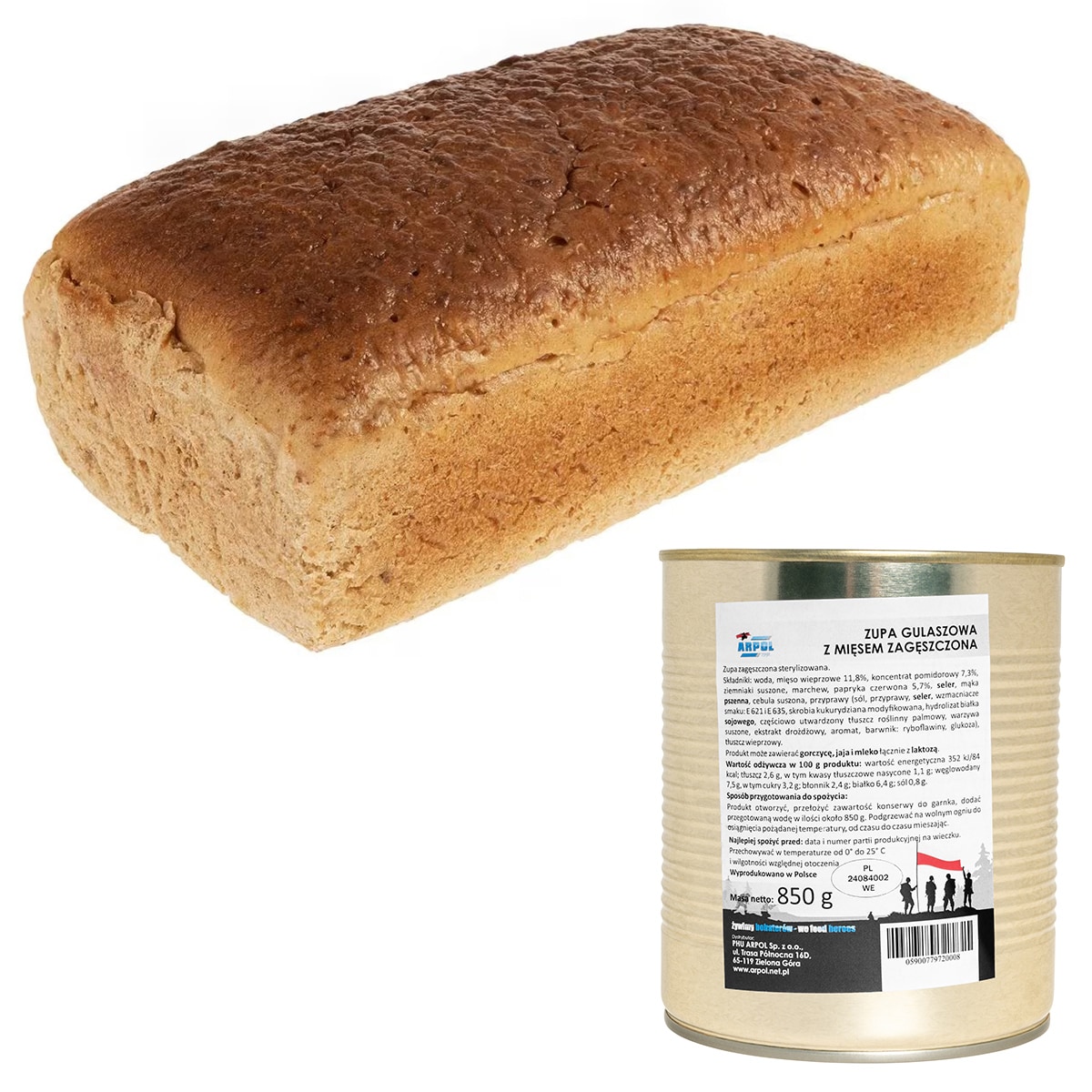 Chleb pytlowy 700 g + zupa gulaszowa z mięsem zagęszczona 850 g - zestaw