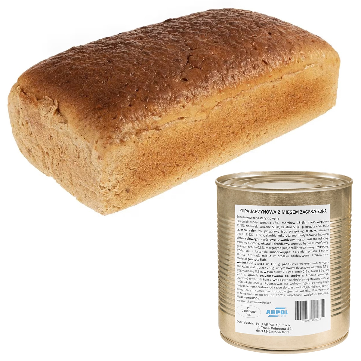 Chleb pytlowy 700 g + zupa jarzynowa z mięsem zagęszczona Arpol 850 g - zestaw