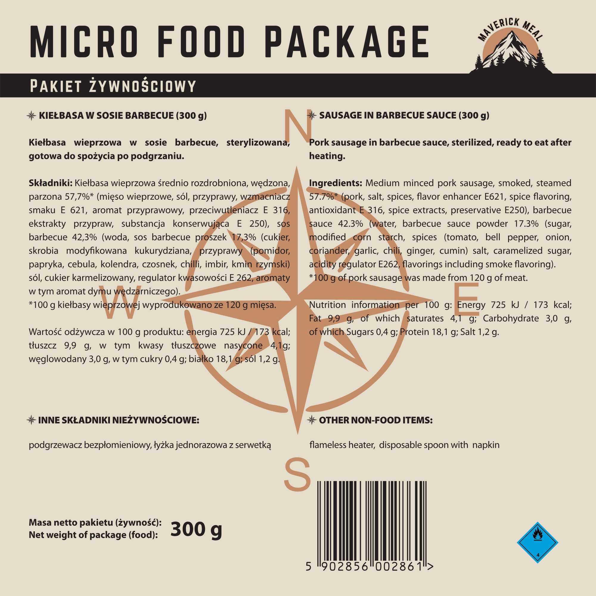 Danie gotowe Maverick Food  Kiełbasa w sosie barbecue 300 g - zestaw Micro z podgrzewaczem