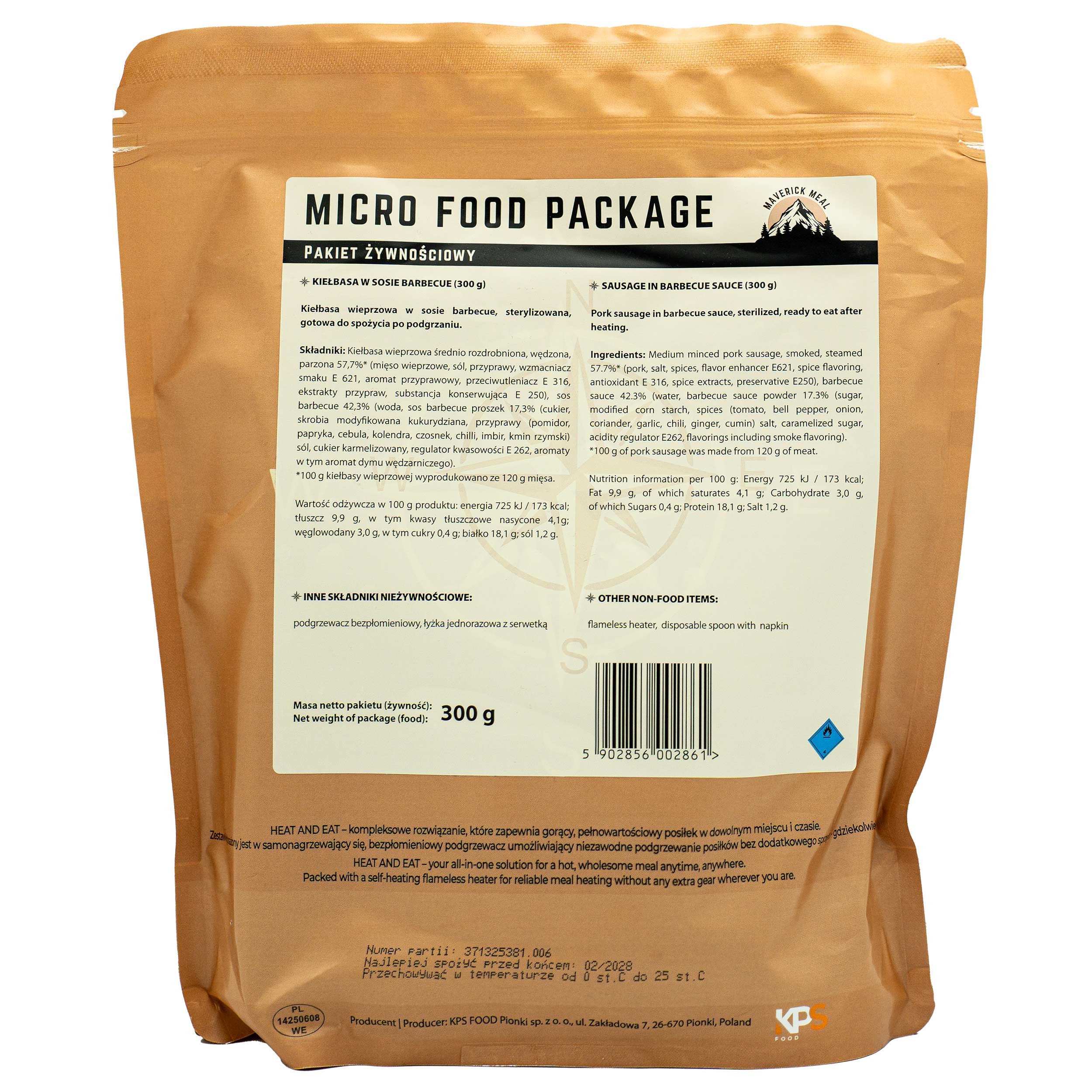 Danie gotowe Maverick Food  Kiełbasa w sosie barbecue 300 g - zestaw Micro z podgrzewaczem
