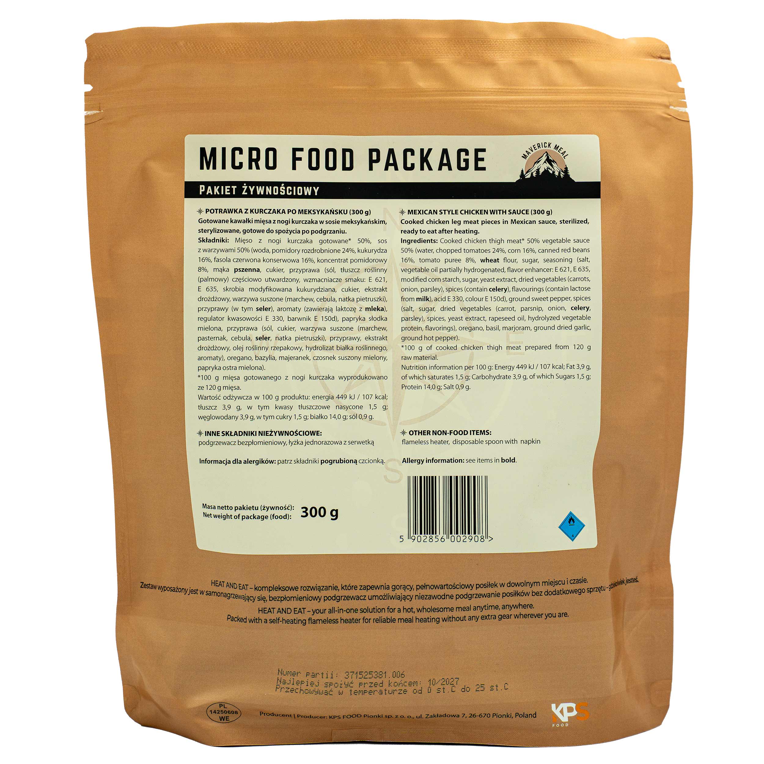 Danie gotowe Maverick Food  Potrawka z kurczaka po meksykańsku  300 g - zestaw Micro z podgrzewaczem