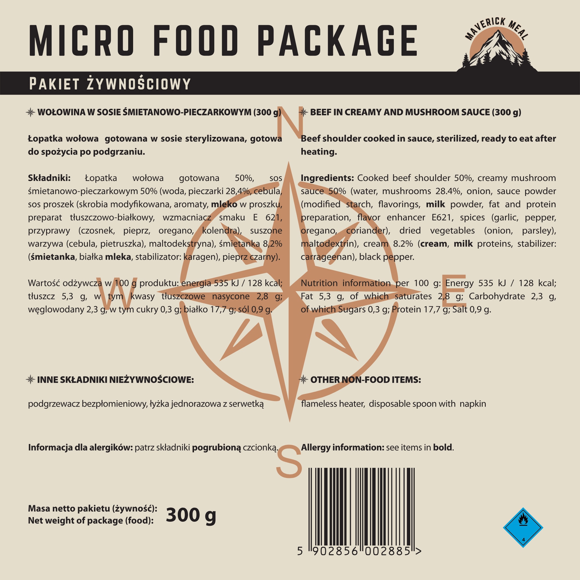 Danie gotowe Maverick Food Wołowina w sosie śmietanowo-pieczarkowym 300 g - zestaw Micro z podgrzewaczem