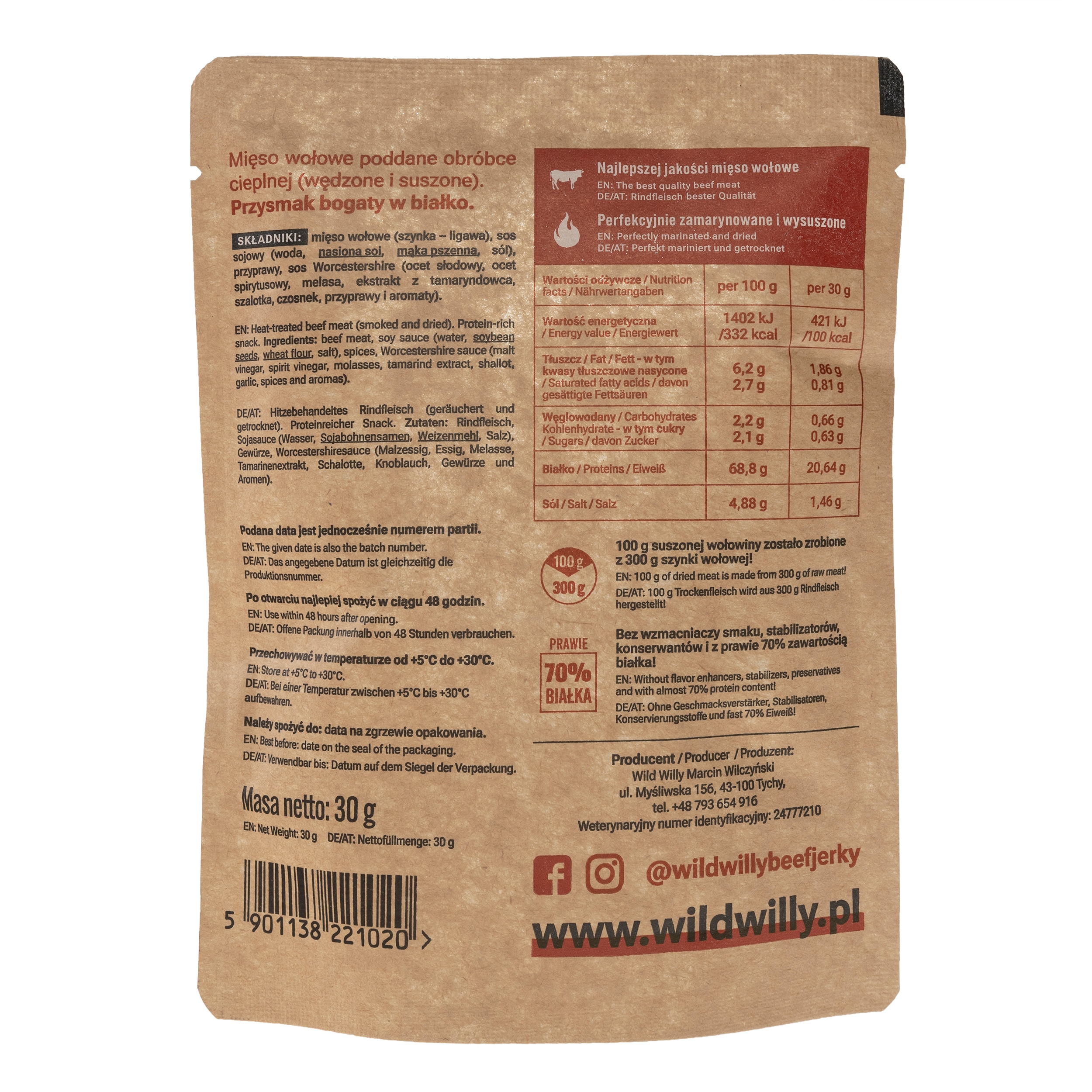 Suszona wołowina Wild Willy Beef Jerky Classic 30 g - 3 szt.