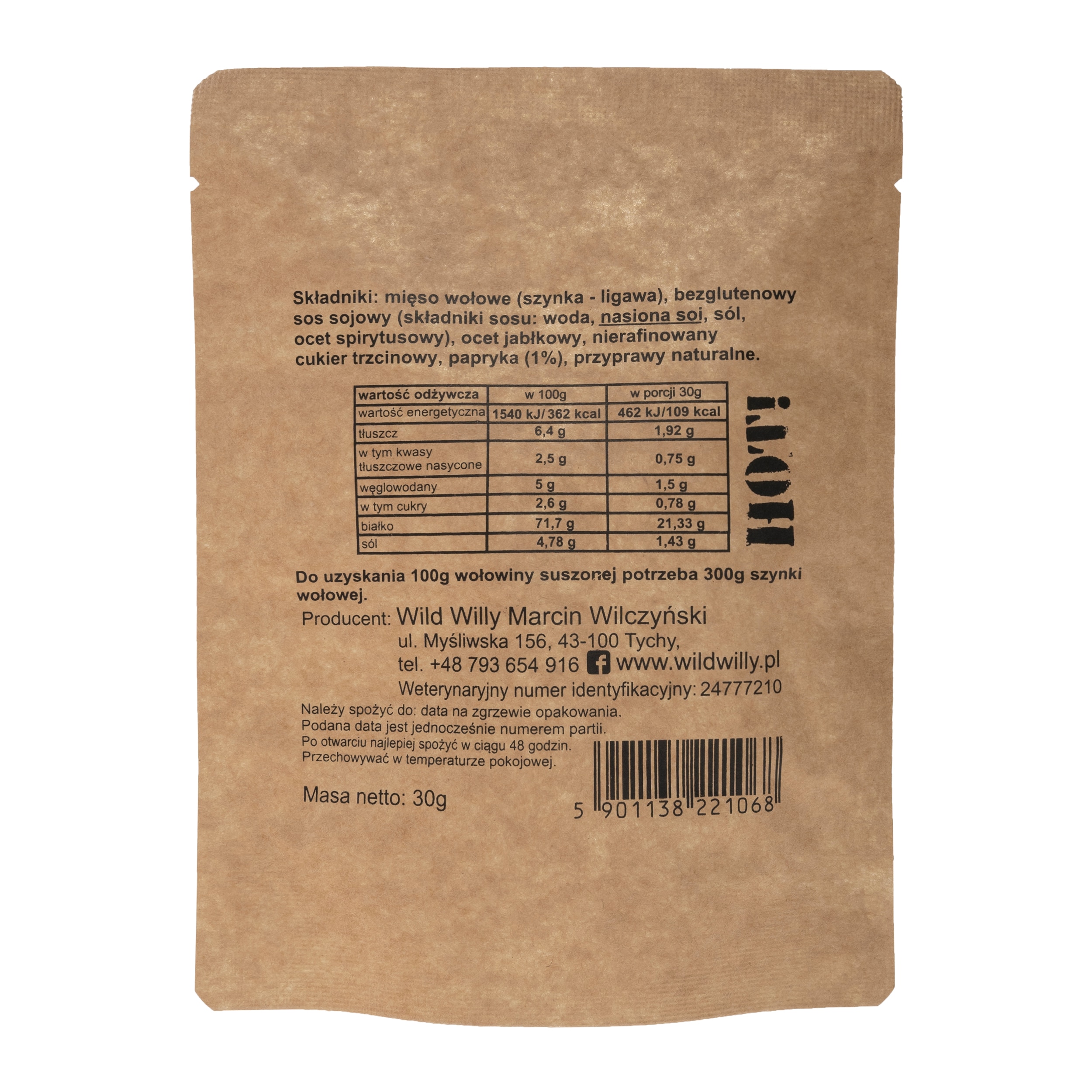 Suszona wołowina Wild Willy Beef Jerky hot! papryka 30 g - 3 szt.