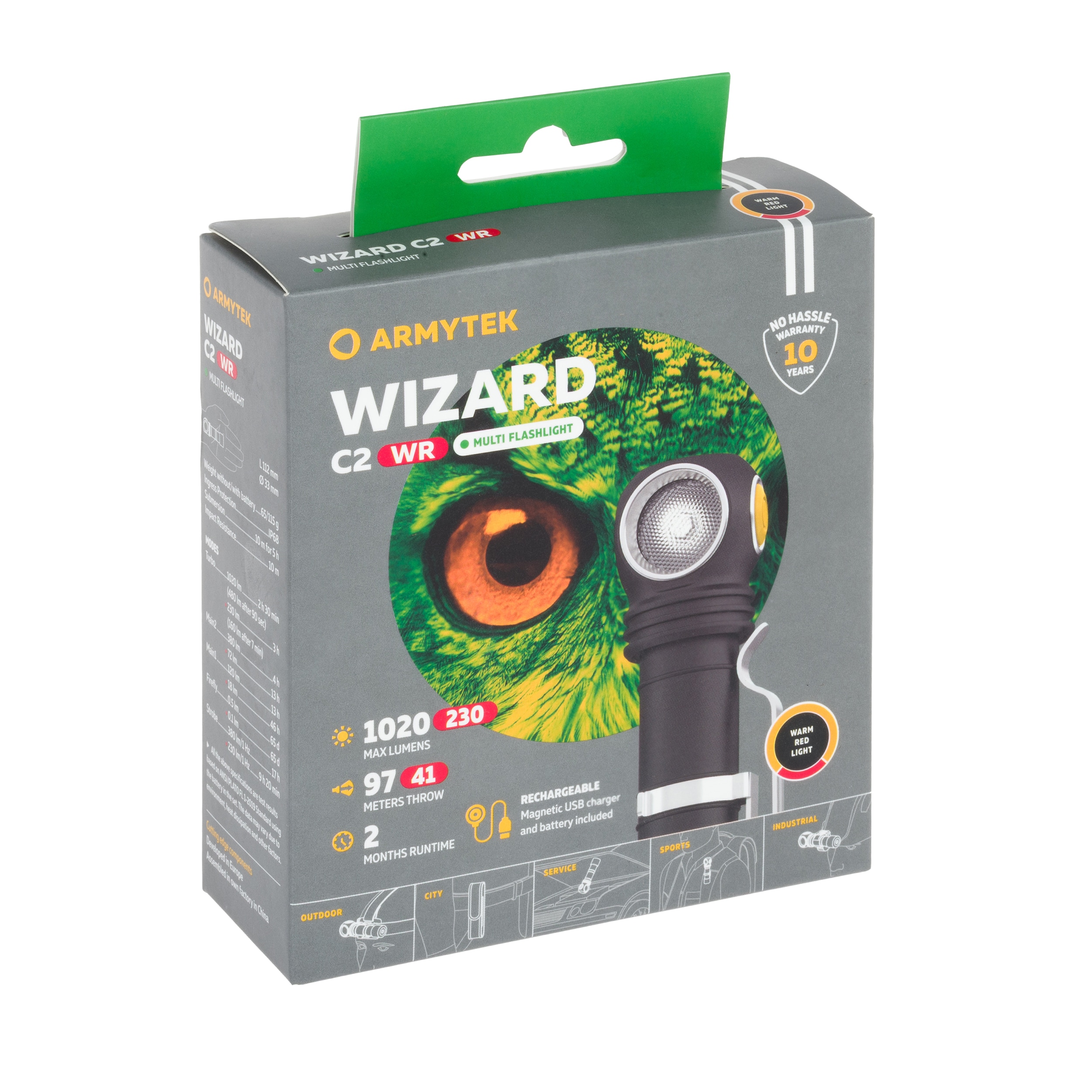 Latarka czołowa i kątowa Armytek Wizard C2 WR Magnet USB Warm PCB - 1020 lumenów