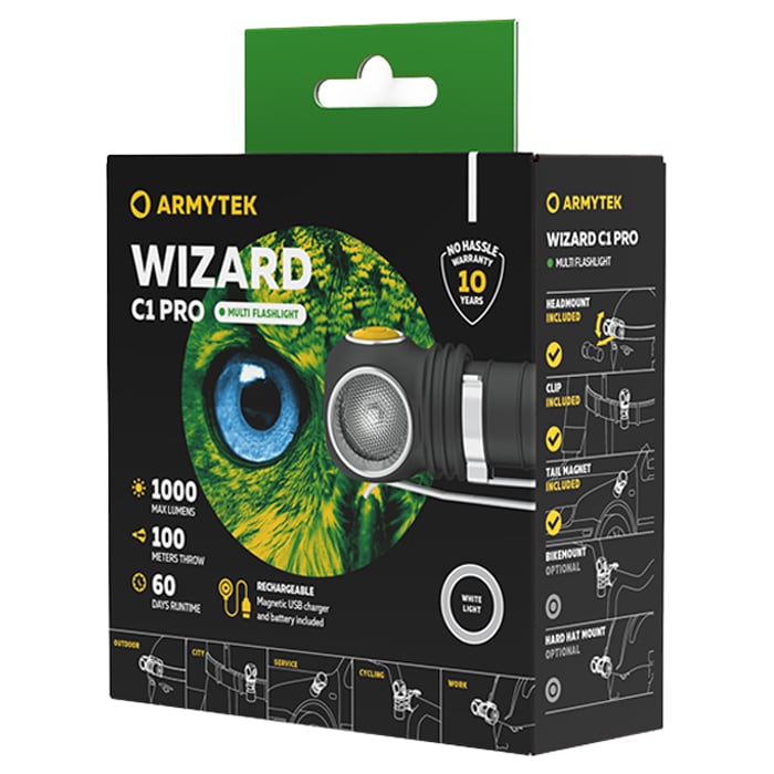 Latarka czołowa i kątowa Armytek Wizard C1 Pro Magnet USB White PCB - 1000 lumenów