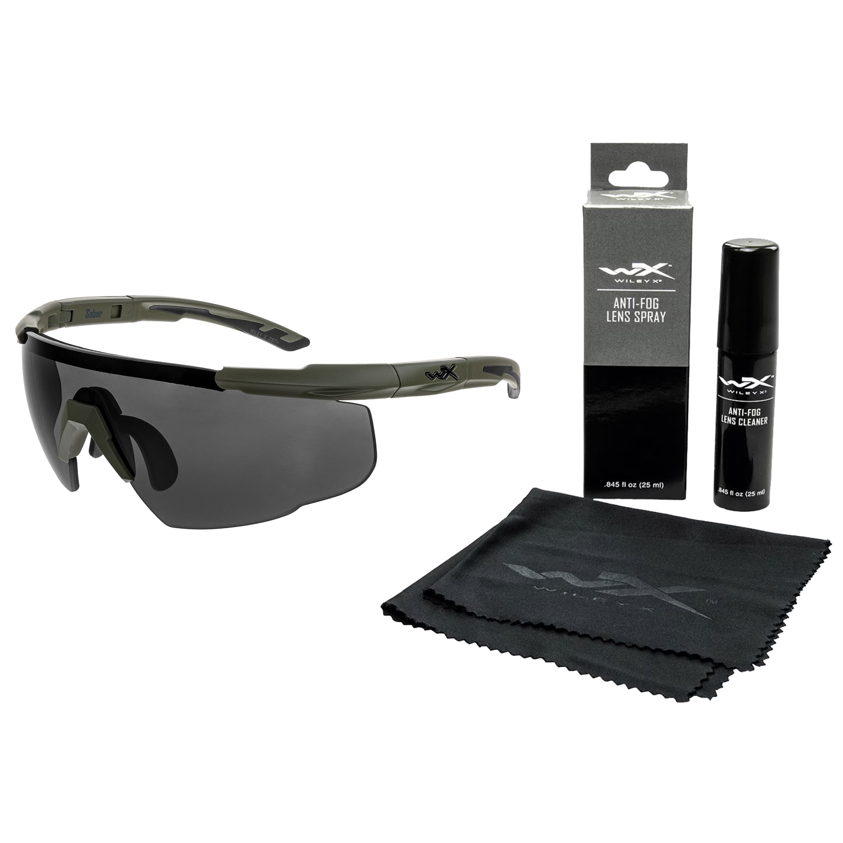Okulary taktyczne Wiley X Saber Advanced Set 3in1 - Grey/Clear/Light Rust/Matte Black + Anti-Fog Cleaner Kit - zestaw