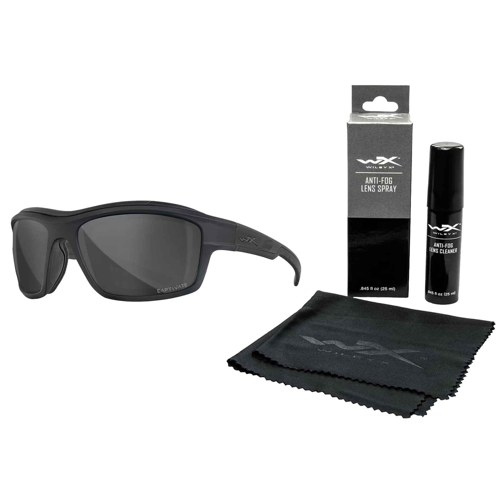 Okulary taktyczne Wiley X Ozone - Captivate Polarized Grey/Matte Black + Anti-Fog Cleaner Kit - zestaw