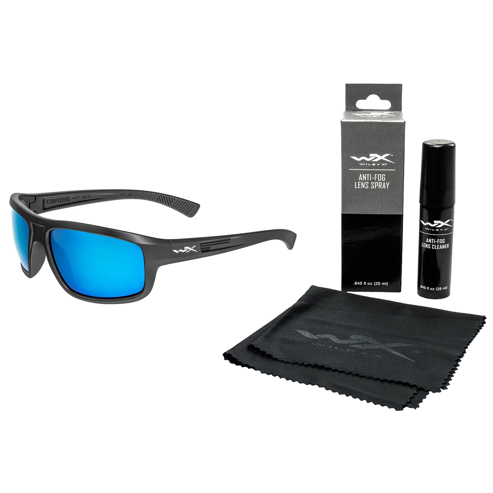 Okulary taktyczne Wiley X Contend - Captivate Polarized Blue Mirror/Matte Graphite + Anti-Fog Cleaner Kit - zestaw