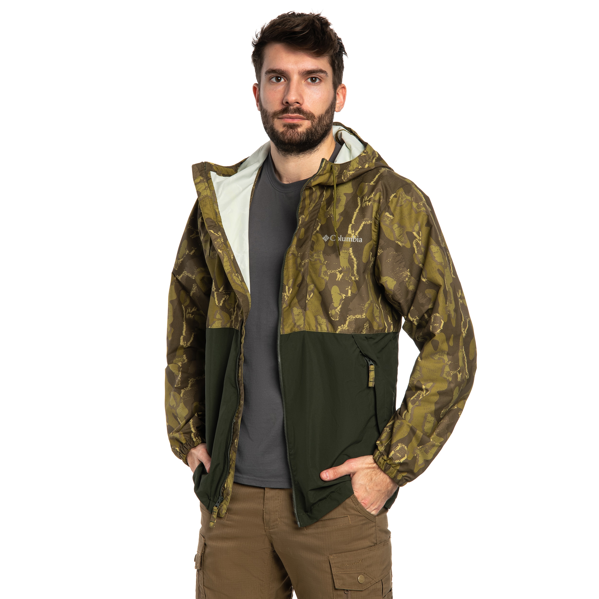Kurtka Columbia Spire Valley Novelty Windbreaker - Mossy Green Treebark/Greenscape