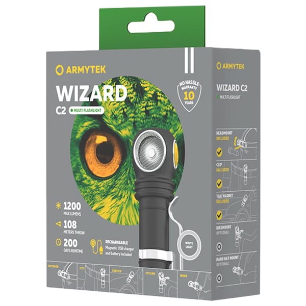 Latarka czołowa i kątowa Armytek Wizard C2 Magnet USB White PCB - 1200 lumenów