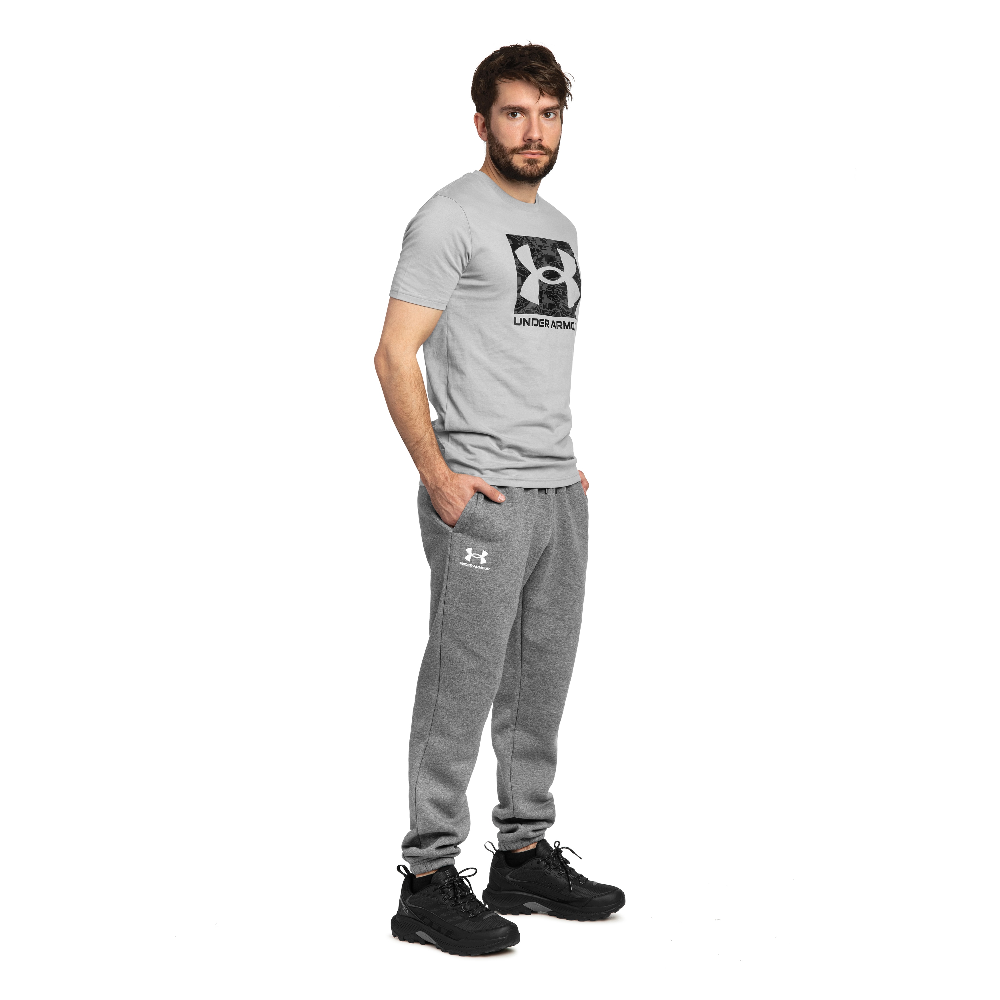 Spodnie Under Armour Jogger Icon Fleece - Pitch Gray Medium Heather/White