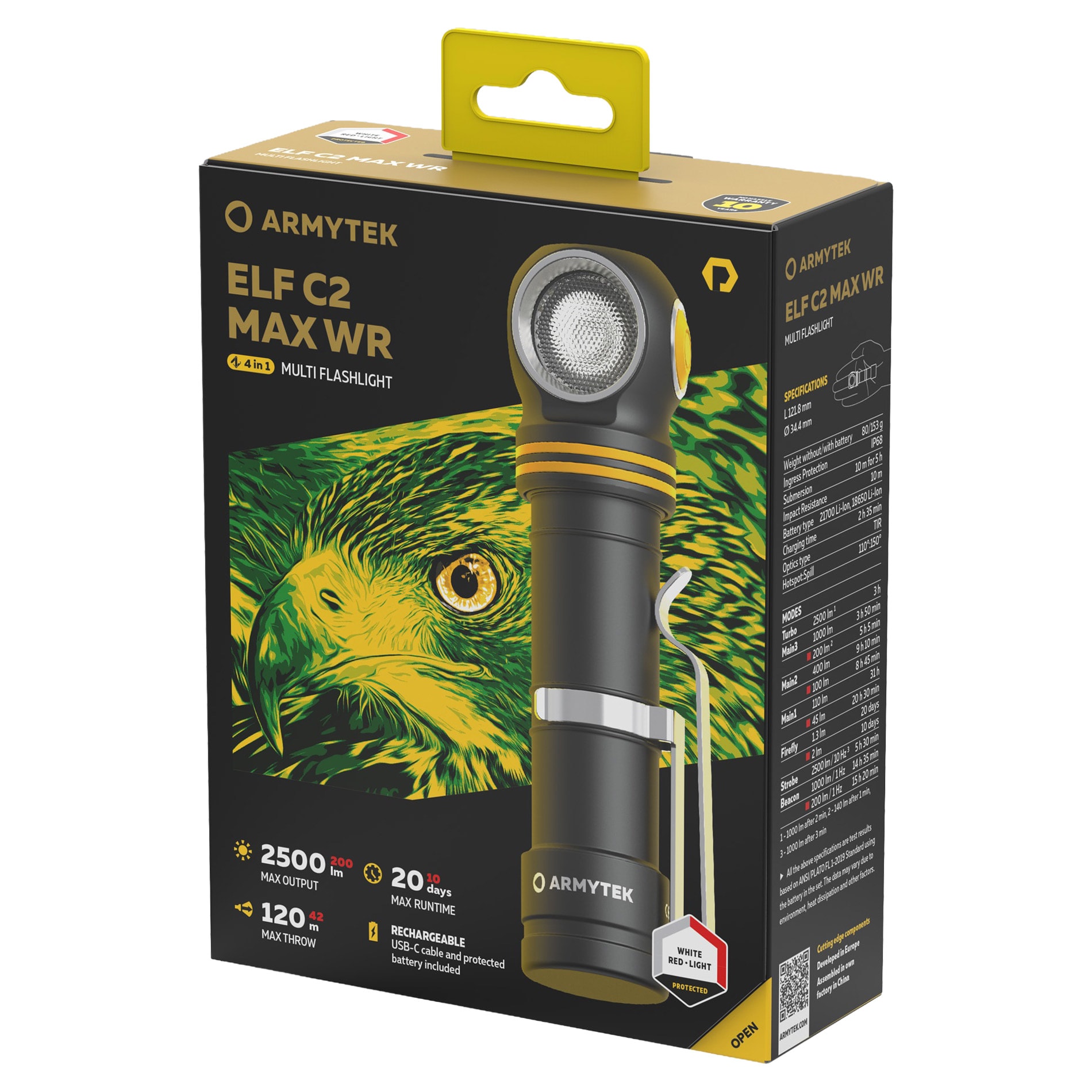 Налобний та кутовий ліхтар Armytek Elf C2 Max WR USB-C PCB White 2500 люменів