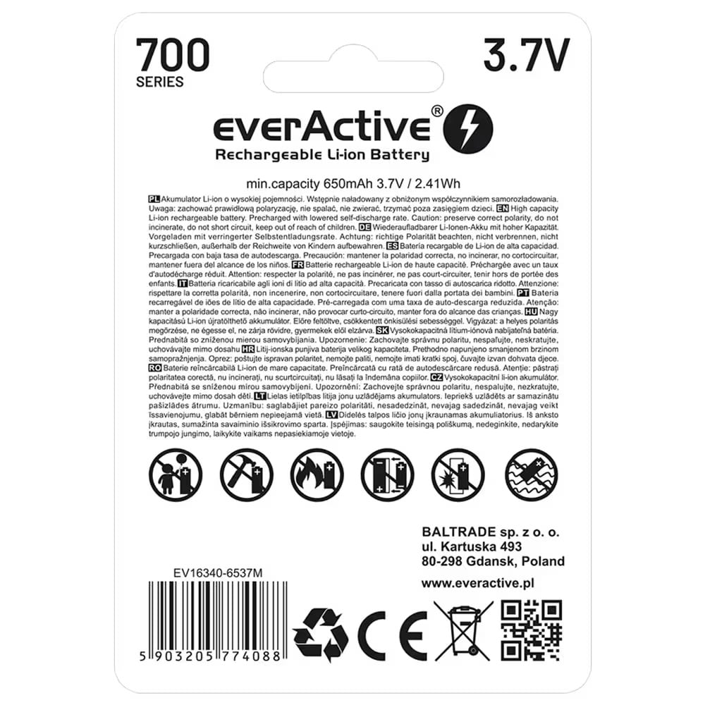 Akumulator 3,7 V everActive 16340 z zabezpieczeniem 700 mAh - 2 szt.