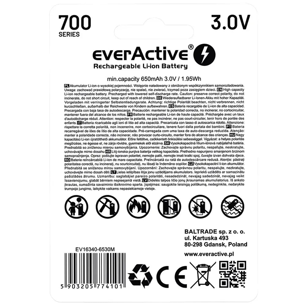 Akumulator 3 V everActive 16340 z zabezpieczeniem 700 mAh - 2 szt.