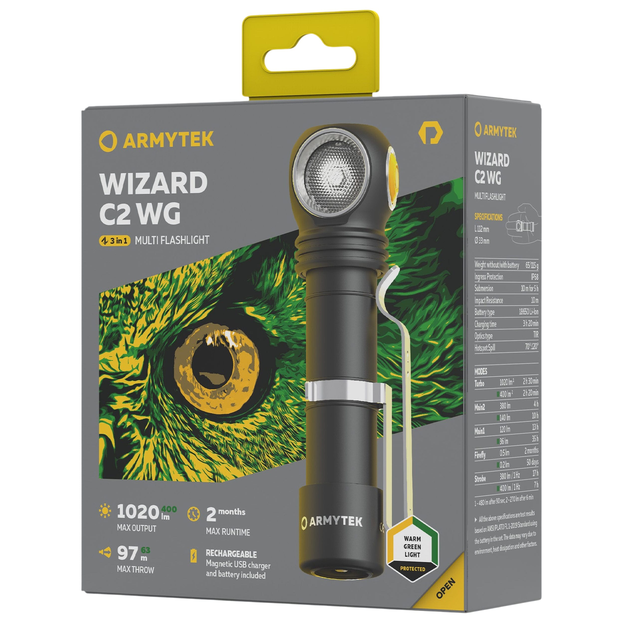 Latarka czołowa i kątowa Armytek Wizard C2 WG Magnet USB Warm PCB - 1020 lumenów