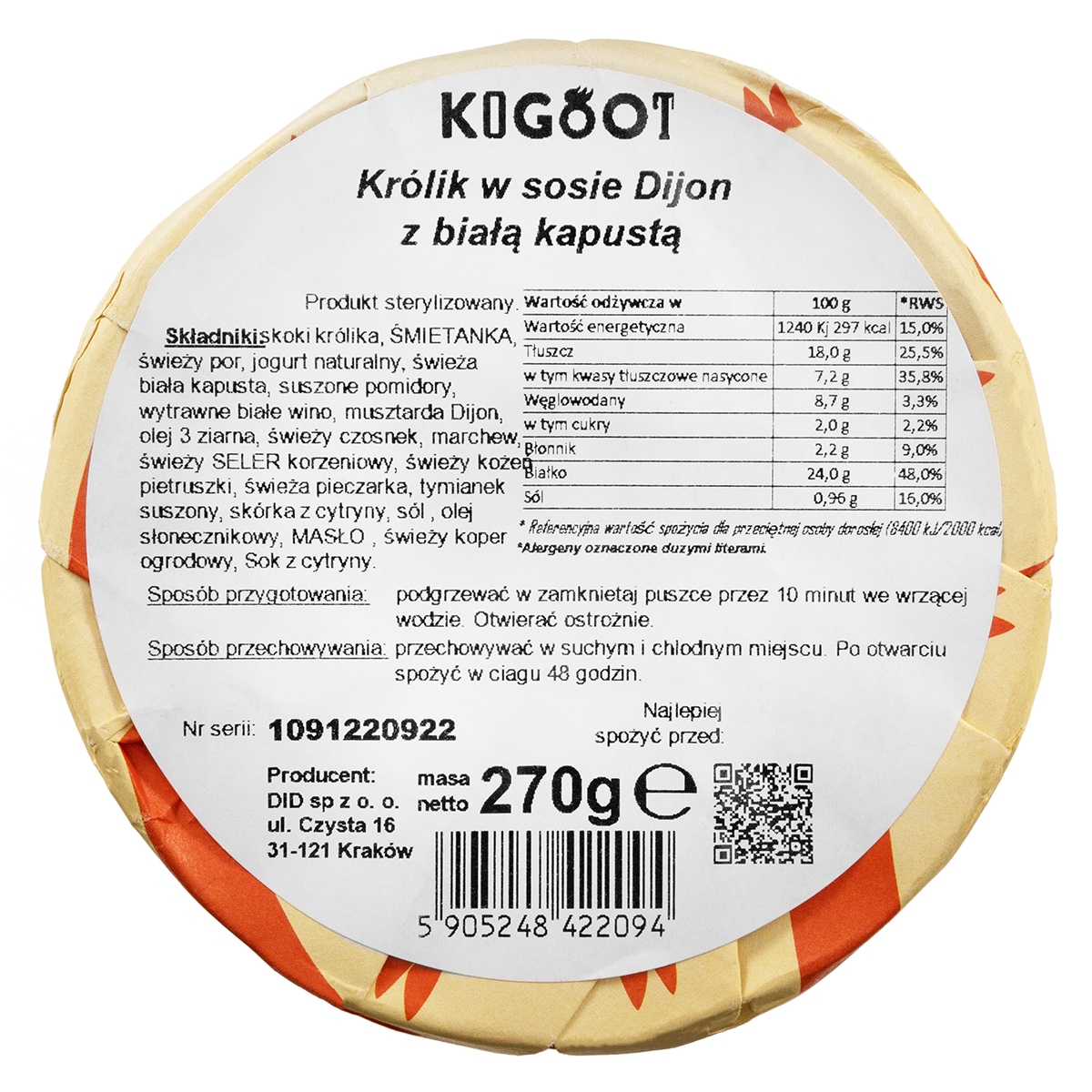Żywność konserwowana Kogoot - Królik w sosie dijon z białą kapustą