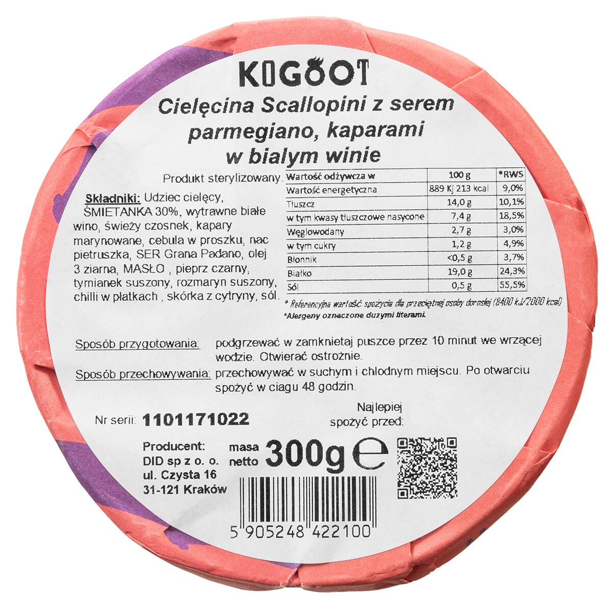 Żywność konserwowana Kogoot - Cielęcina Scallopini z serem Parmegiano, kaparami w białym winie 300 g