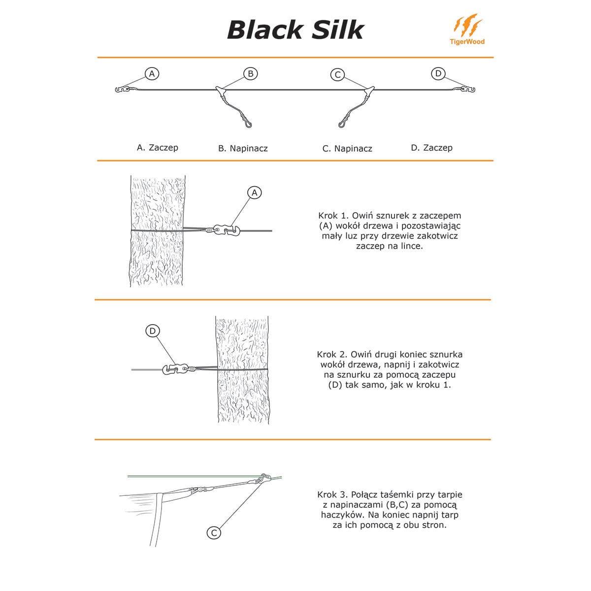 Zawieszenie płachty biwakowej Tigerwood Black Silk - Long