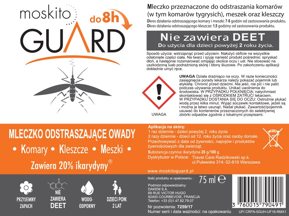 Repelent na komary, kleszcze i meszki Moskito Guard Ikarydyna 20% - mleczko 75 ml