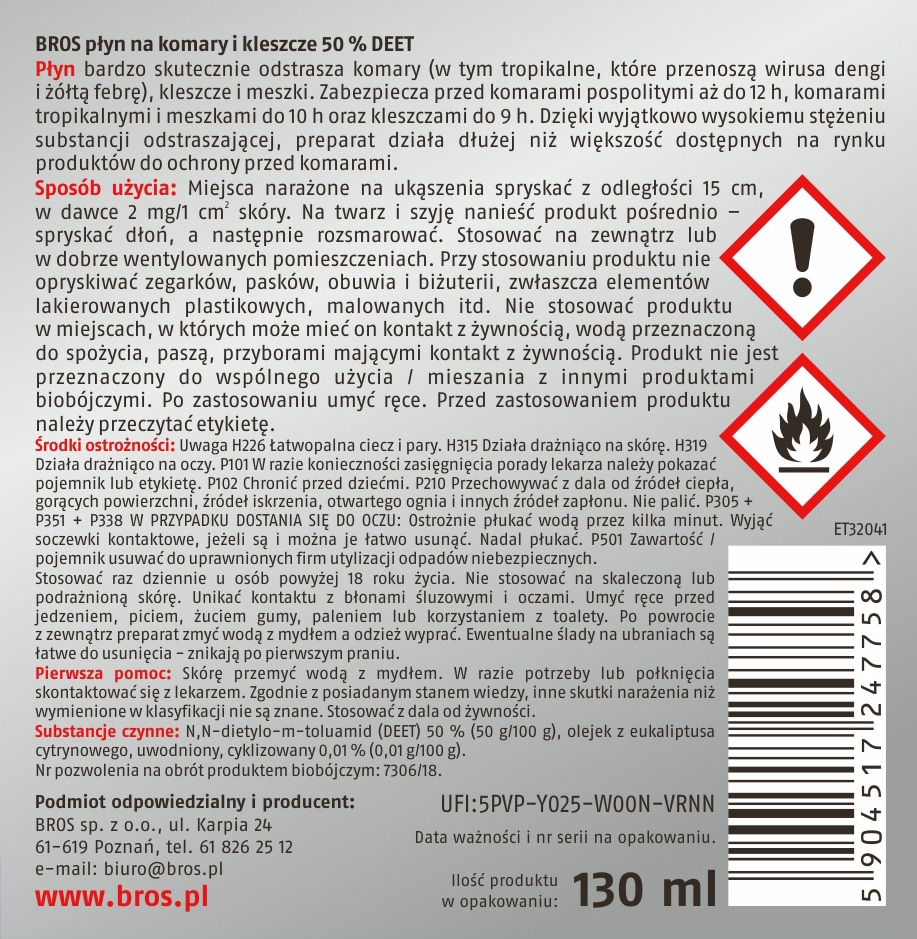 Płyn na komary i kleszcze Bros DEET 50% - 130 ml