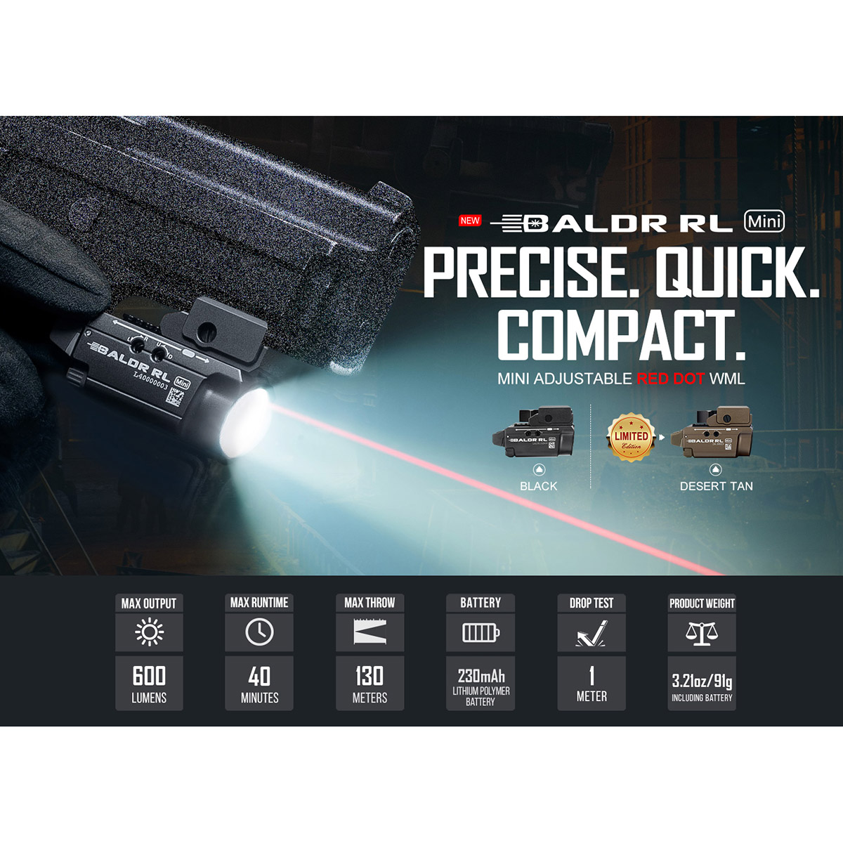 Ліхтарик для зброї з лазерним прицілом Olight BALDR Mini RL - 600 люменів, Red Laser