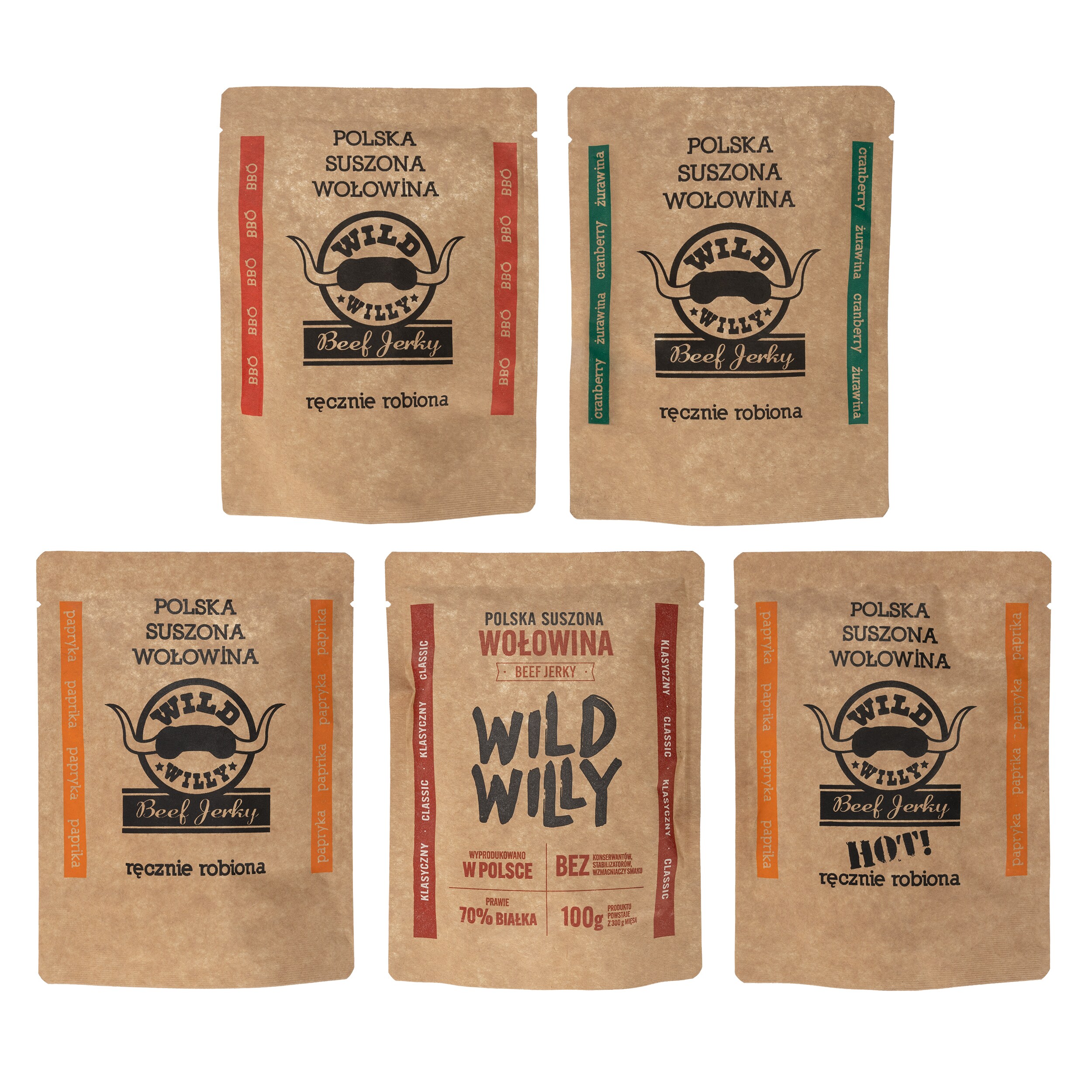 В'ялена яловичина Wild Willy Beef Jerky Classic/ BBQ/ Перець солодкий/ Перець чилі/ Журавлина 5 х 30 г