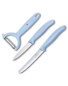 Zestaw Victorinox - nóż ząbkowany, nóż gładki, obieraczka do warzyw - blue 