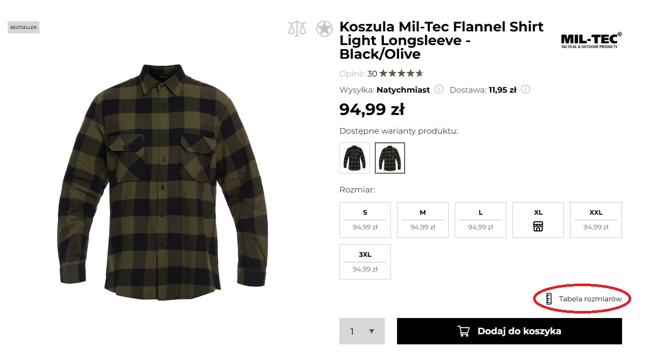 Tabela rozmiarów - koszula